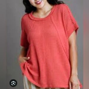 Umgee Light Coral Waffle Oversized Top Medium